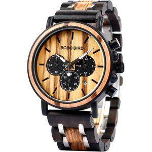 Men’s Wood & Stainless Steel Watch with Analog Watches with Gift Box-Black